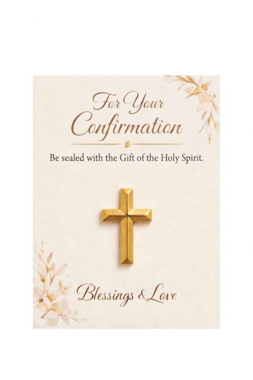 Card with a gold cross and text for confirmation on a beige background